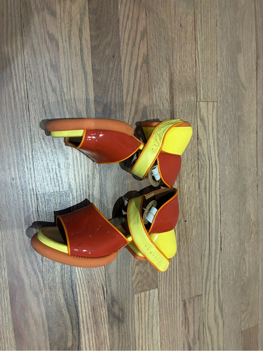 John Fluevog Red and Yellow Patent Platform Sandals